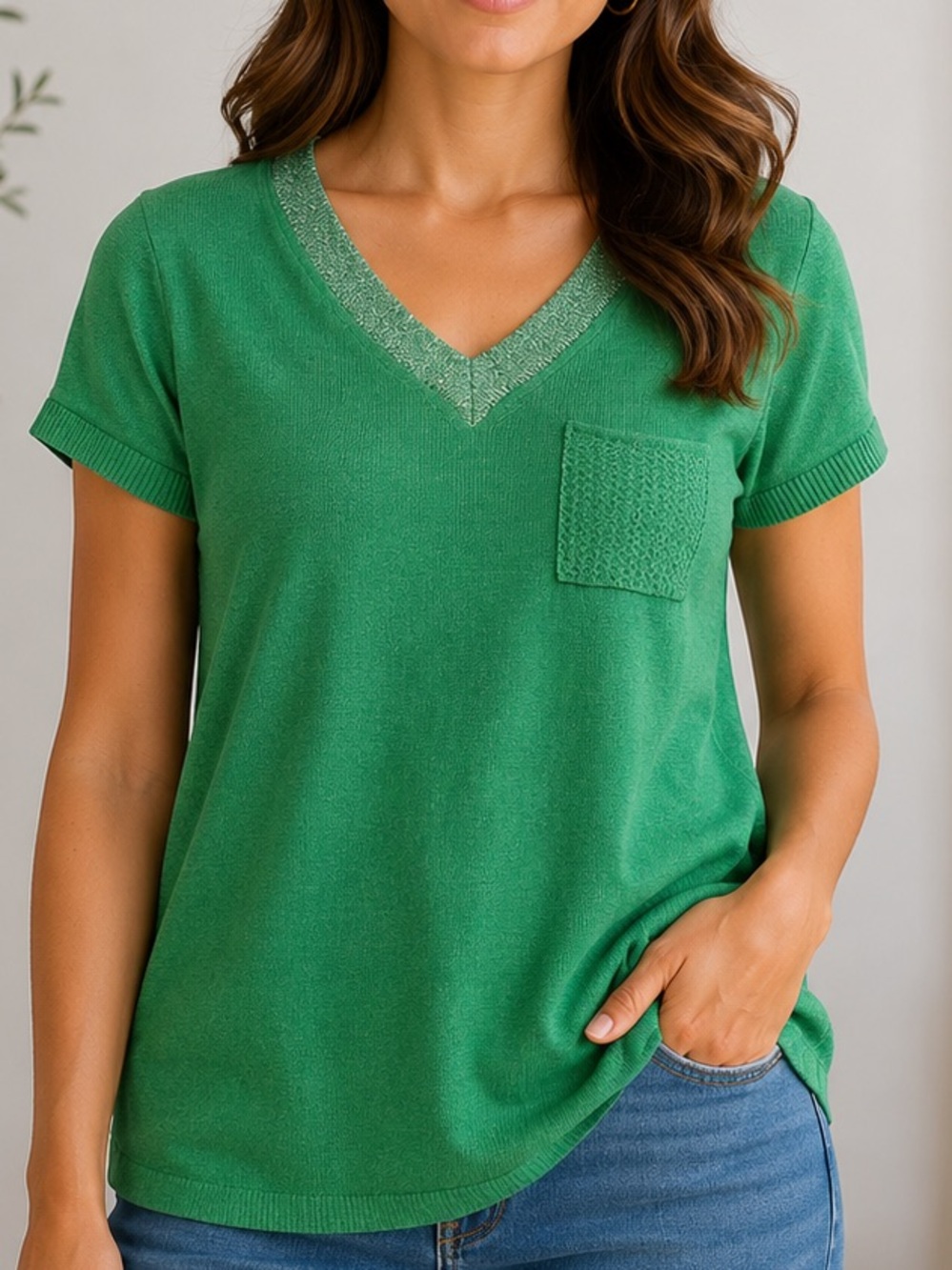Green V-Neck Knit Pocket Tee